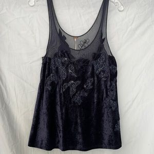 Free People - Navy Embroidered Velvet + Sheer Tank - size S